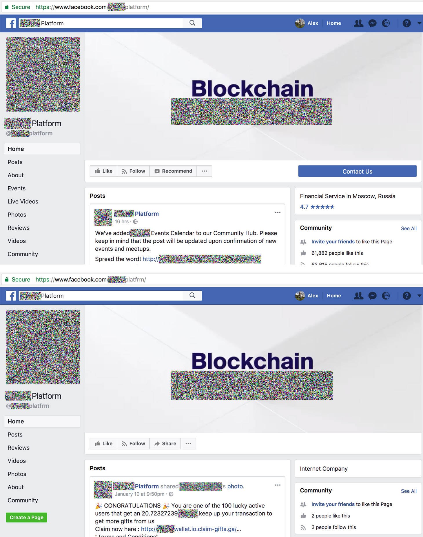 The genuine Facebook page of a cryptoplatform — and a fake one