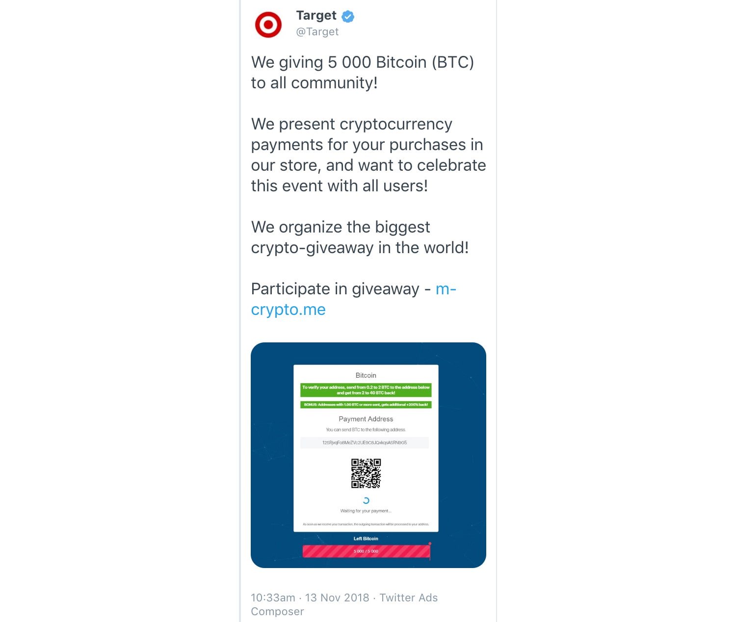 An ad from official Target's account promoting cryptocurrency giveaways