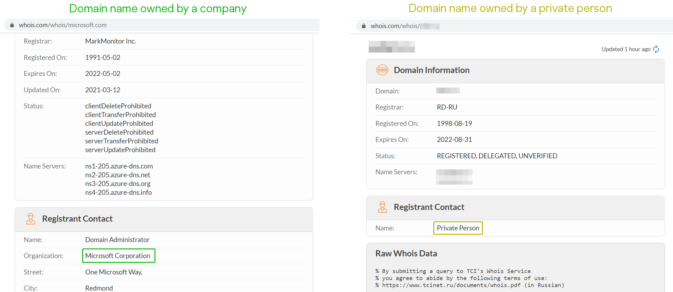 Difference in Whois between corporate and private domains