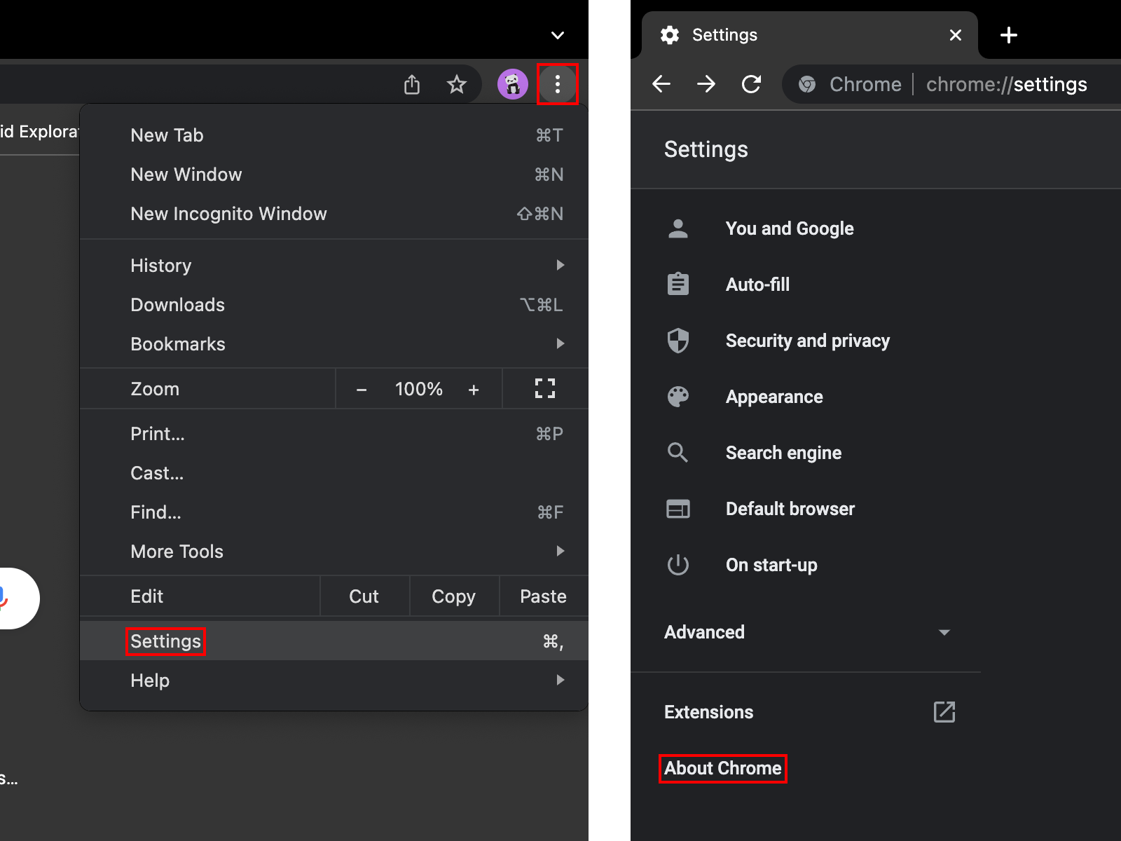 Where to find Google Chrome updates: three dots → Settings → About Chrome