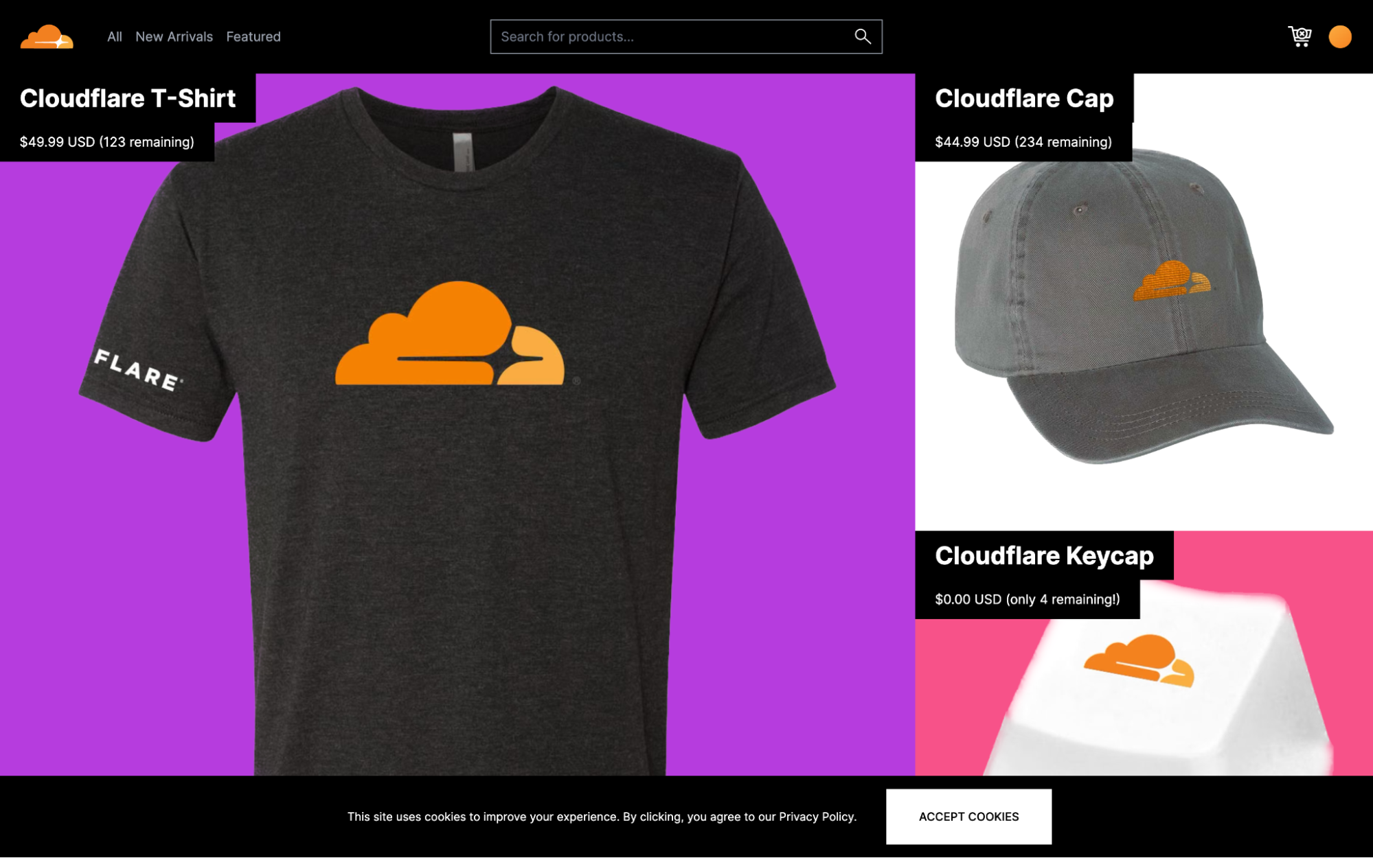A screenshot of the landing page of a demo Cloudflare e-commerce website selling a t-shirt, cap and keycap. Each item is branded with the Cloudflare logo, and has a price and 