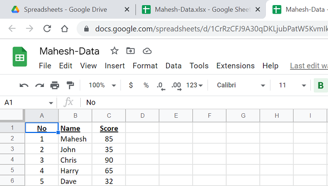 Sheets version of an Excel file