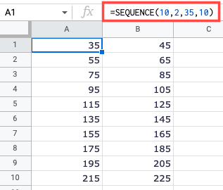 SEQUENCE formula with the increase argument