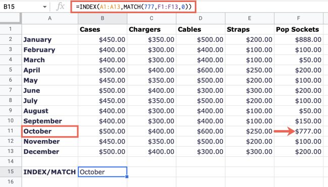 Formula for the INDEX and MATCH functions in Google Sheets