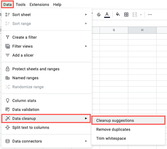 Cleanup Suggestions in the Data Cleanup menu