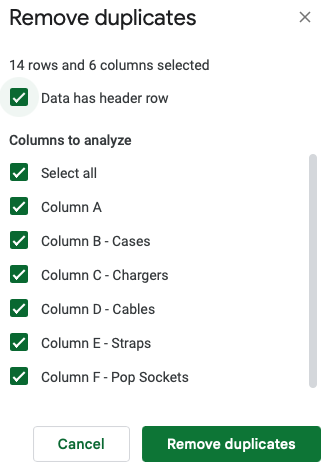 Columns for removing duplicates