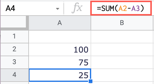 Subtract cell values with the SUM function