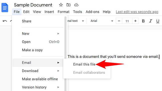 Choose File  Email  Email This File from Google Docs' menu bar.