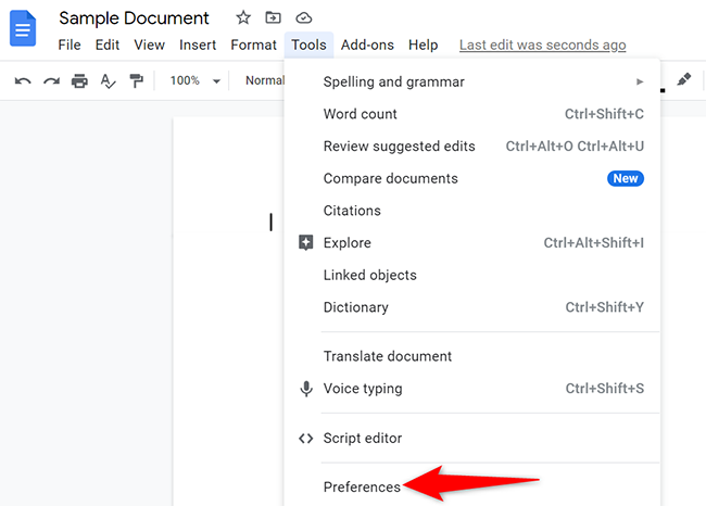 Select Tools  Preferences in Google Docs.