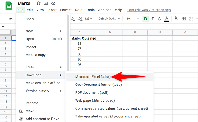 Select File  Download  Microsoft Excel from Google Sheets' menu bar.