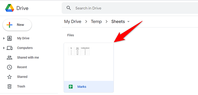 Find a Google Sheet on the Google Drive site.