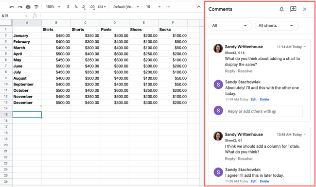 Comments sidebar in Google Sheets