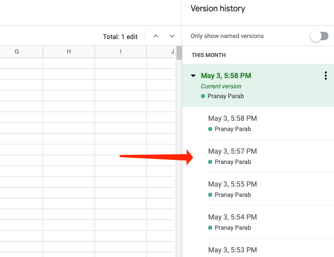 The expanded version history view in Google Sheets.