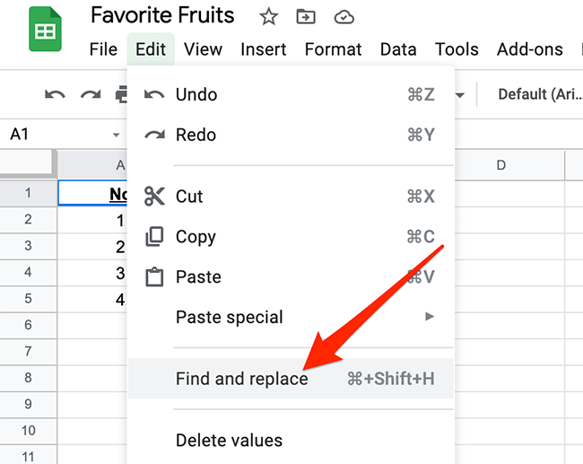 Select Edit  Find and Replace in Google Sheets.