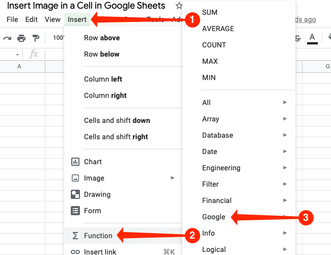 Select any cell and go to Insert  Function  Google.