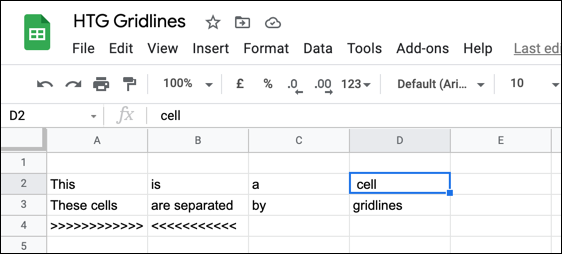 Example cells in a Google Sheets spreadsheet with gridlines enabled.