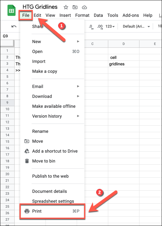 To begin printing a Google Sheets spreadsheet, press File  Print.
