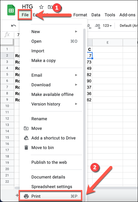 On your Google Sheets spreadsheet, press File  Print to access the printer options for your spreadsheet.