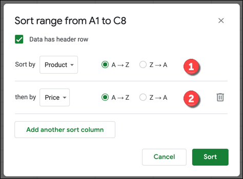 A Google Sheets sort options box with multiple columns added.