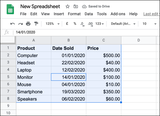 An example data set in Google Sheets, sorted using the built-in sort tool.
