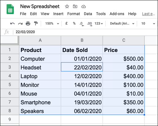 Selected data in a Google Sheets spreadsheet.