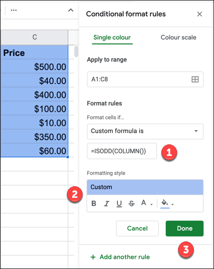 Provide a custom formula and formatting style for the conditional formatting rule using the ISODD formula, then press 