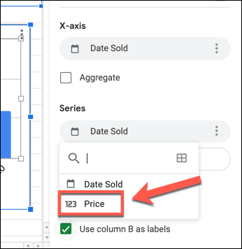 To change the Y-axis on a Google Sheets chart, select the first column listed under the 