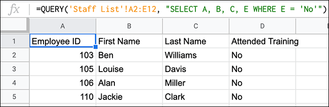 A QUERY function in Google Sheets providing a list of employees who attended a training session. 
