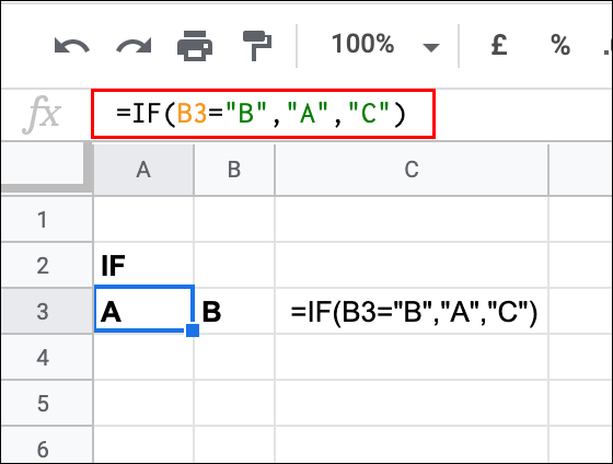 A simple IF statement used in Google Sheets to test the value of a cell, returning a TRUE result