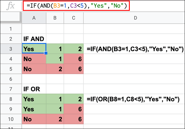 A Google Sheets spreadsheet showing IF statements with AND and OR nested functions