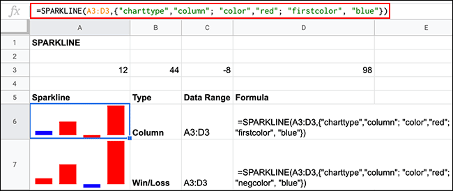 Various color formatting options for SPARKLINE formulae in Google Sheets