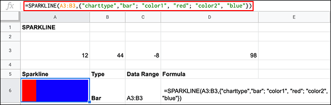 Color formatting options for bar sparkline charts using the SPARKLINE function in Google Sheets