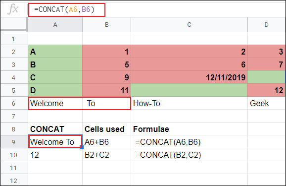 The CONCAT formula in a Google Sheets spreadsheet combining cells A6 and B6.