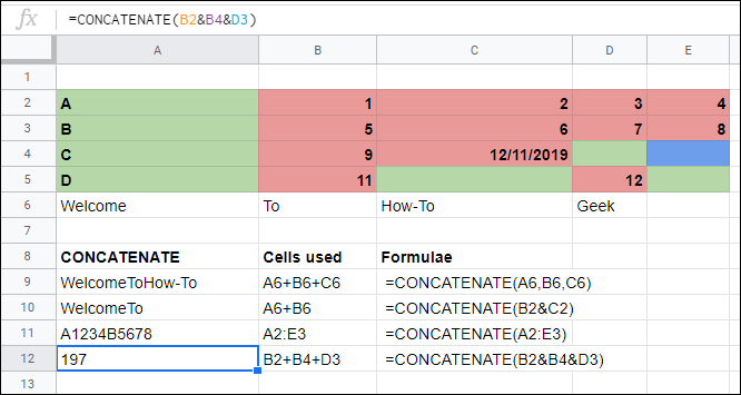 The CONCATENATE function in Google Sheets linking cells together without operators.