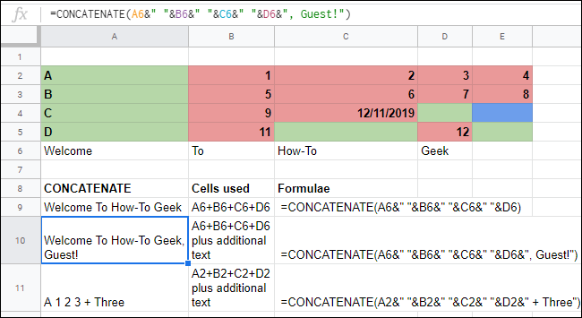 The CONCATENATE function with complex operators in a Google Sheets spreadsheet.