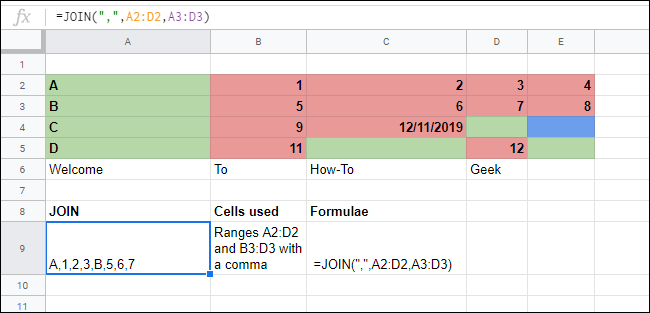 The JOIN Function merging multiple arrays in a Google Sheets spreadsheet.
