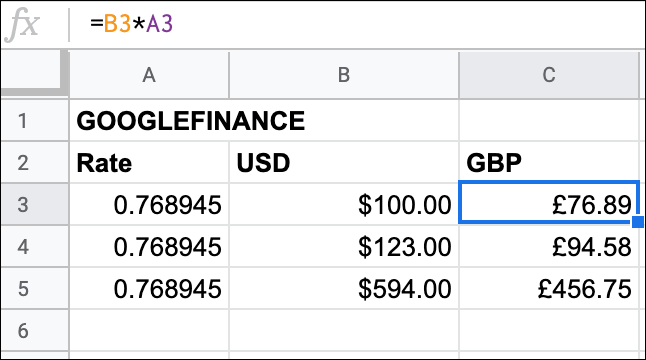 Various USD to GBP currency conversions in Google Sheets using the GOOGLEFINANCE function