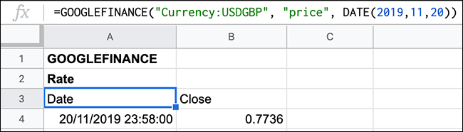 An historical exchange rate for a day shown in Google Sheets using the GOOGLEFINANCE function