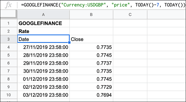A rolling list of currency exchange rates for the last seven days, shown in Google Sheets using the GOOGLEFINANCE function