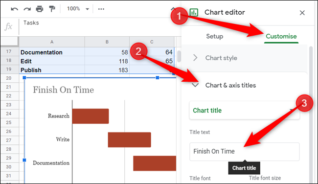 Next, give your Gantt chart a title by clicking on the Customise tab, Chart & axis titles, and then type it into the 