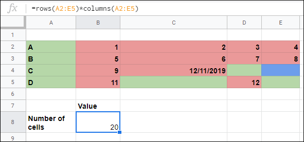 The ROWS and COLUMNS functions used to calculate the number of cells in a range in Google Sheets