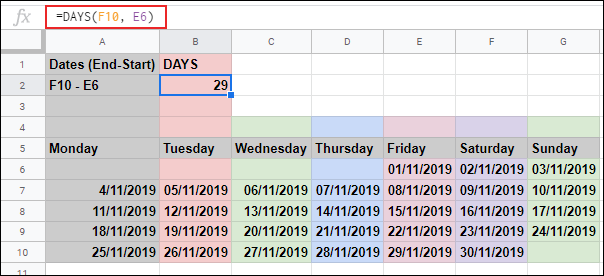 The DAYS function in Google Sheets, calculating the number of days held in two other cells