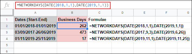 The NETWORKDAYS function in Google Sheets, calculating the business days between two dates and ignoring Saturday and Sunday using a nested DATE formula