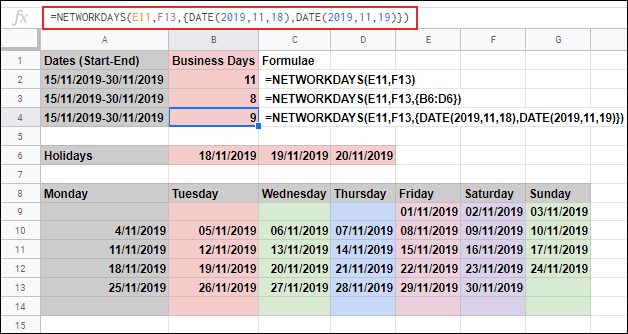 The NETWORKDAYS function in Google Sheets, calculating the business days between two dates and ignoring Saturday and Sunday, with additional holiday days excluded