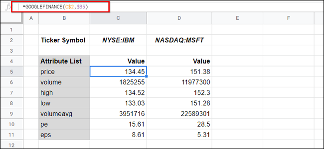 Google Finance Sheets with Attributes