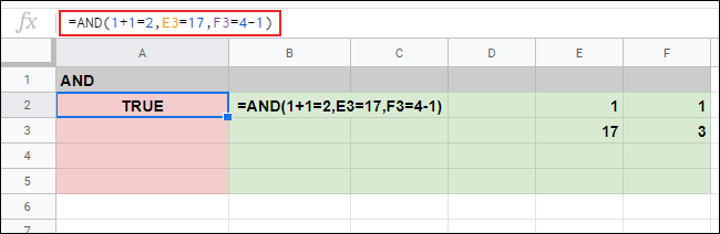 An AND response of TRUE in cell A2 to three arguments on a Google Sheets spreadsheet.