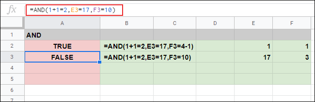 A FALSE response in cell A3 to three arguments on a Google Sheets spreadsheet.