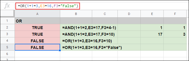 The OR function used in Google Sheets, with no correct arguments, resulting in a FALSE response