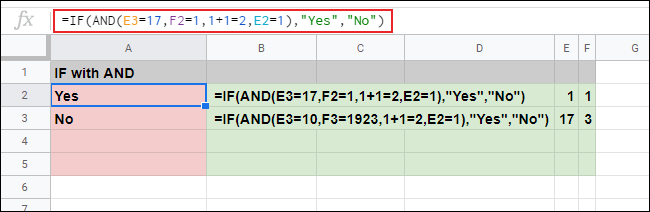 The IF function with a nested AND formula used to provide multiple arguments in a Google Sheets spreadsheet.