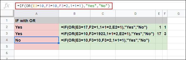 The IF function with a nested OR formula providing multiple arguments that result in both TRUE and FALSE responses in a Google Sheets spreadsheet.